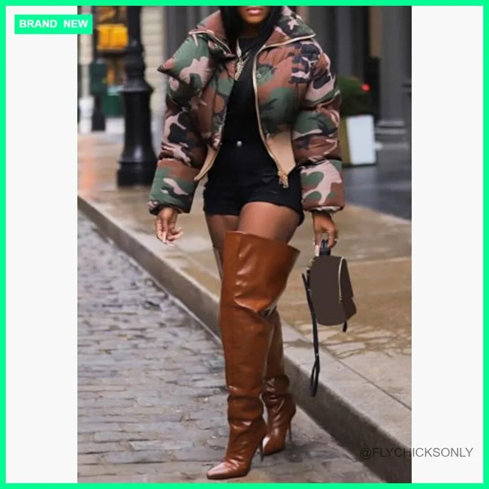 Cropped Camo Puffer Jacket Winter Warm Zip Up Quilted Short Coat - Picture 2 of 5